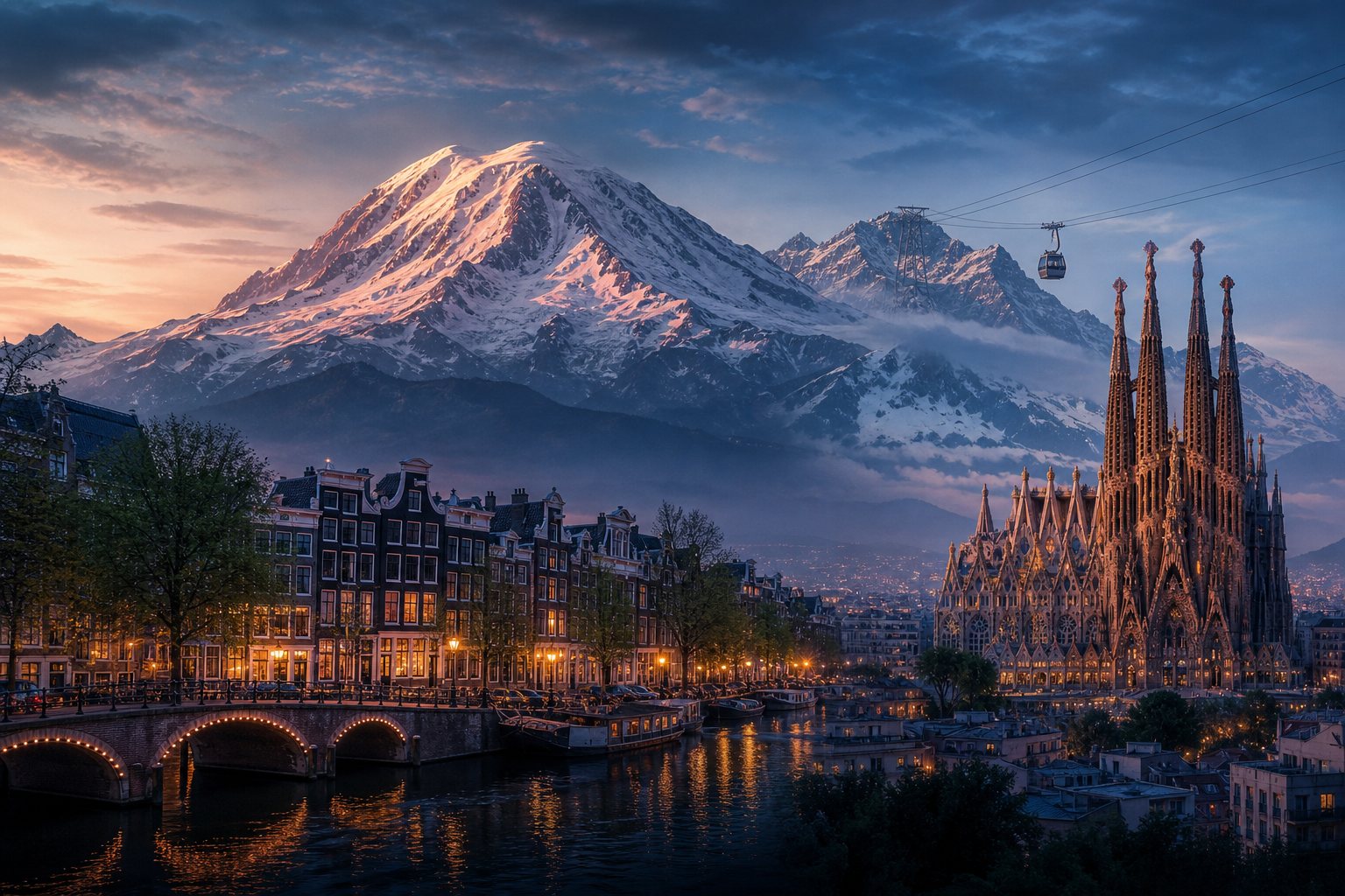 AI-generated cinematic scene blending Mount Rainier, Amsterdam canals, Mount Titlis, and La Sagrada Familia.